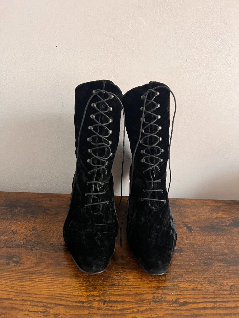 Mira Black Velvet Lace Up Midi Kitten Heel Boots